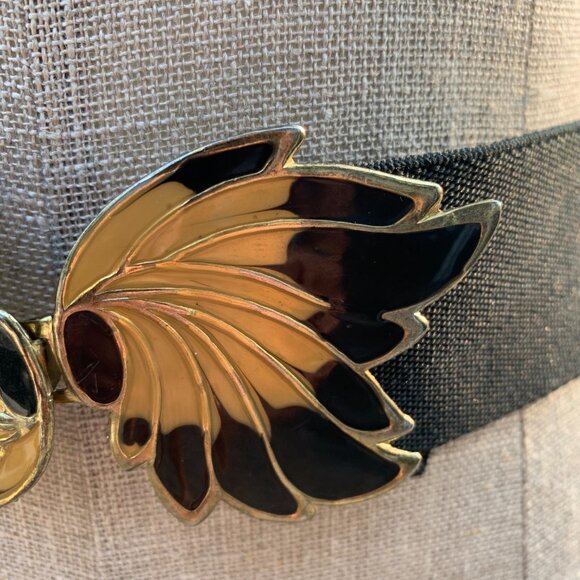 Vintage 80s Black Elastic Statement Buckle Cinch Waist Retro Belt - Picture 3 of 11